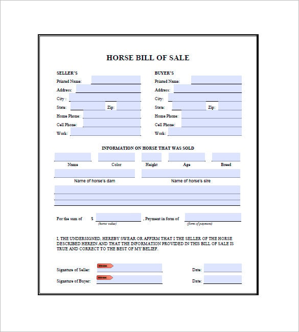 printable horse bill of sale form