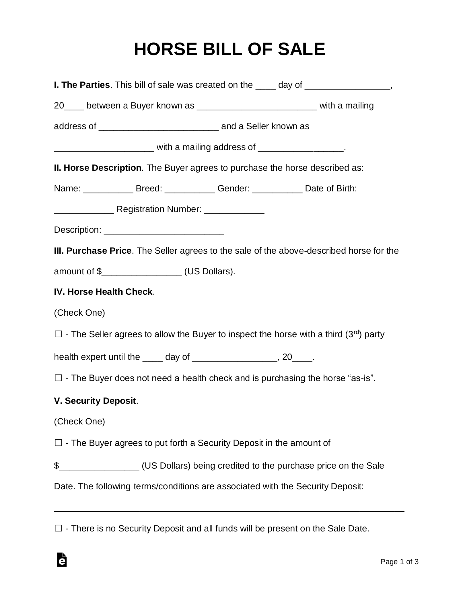 printable horse bill of sale form