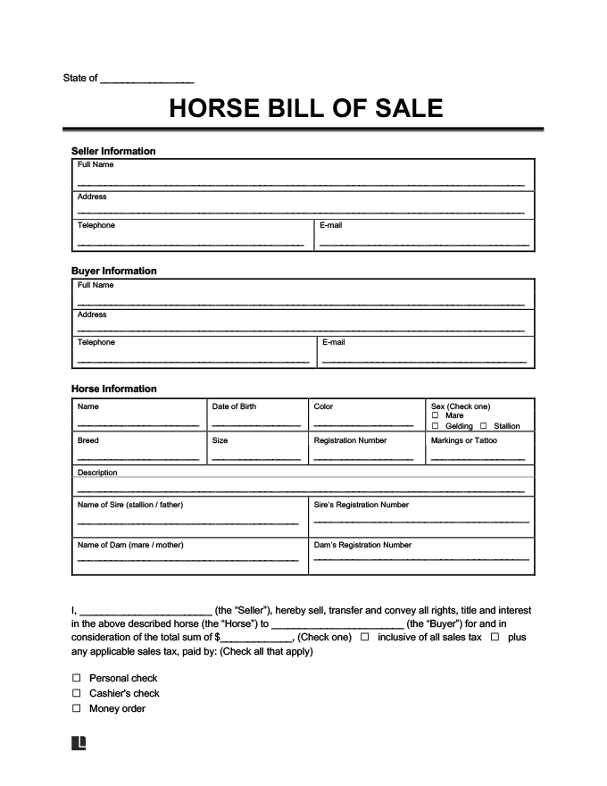 printable horse bill of sale form