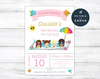 Hot Tub Girls Birthday Editable Invitation, Girls Pool Party Printable ...