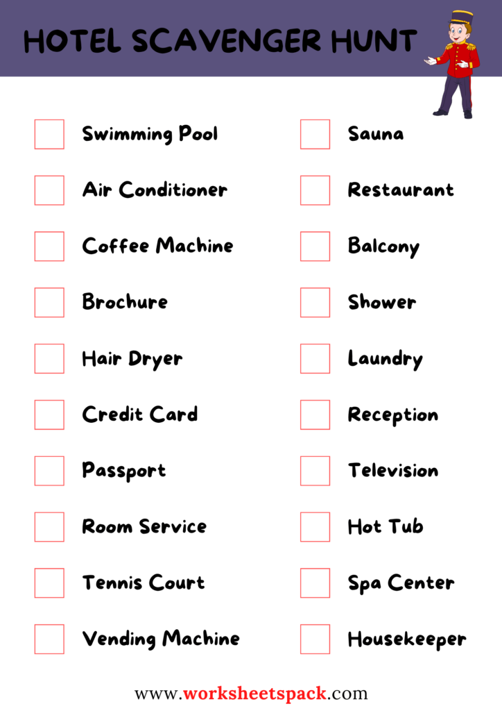 Unique Hotel Scavenger Hunt Adventure for Kids - worksheetspack