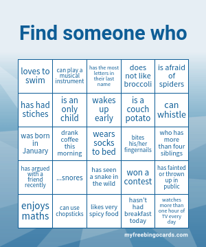 Free Printable and Virtual Human Bingo Cards and Games