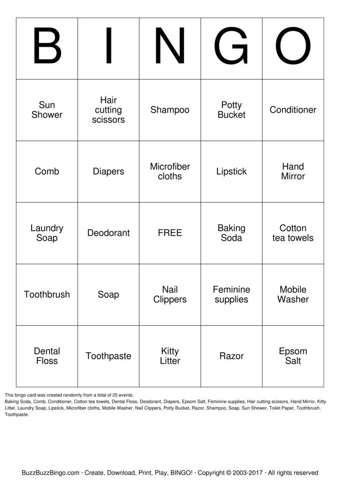 printable hygiene bingo cards