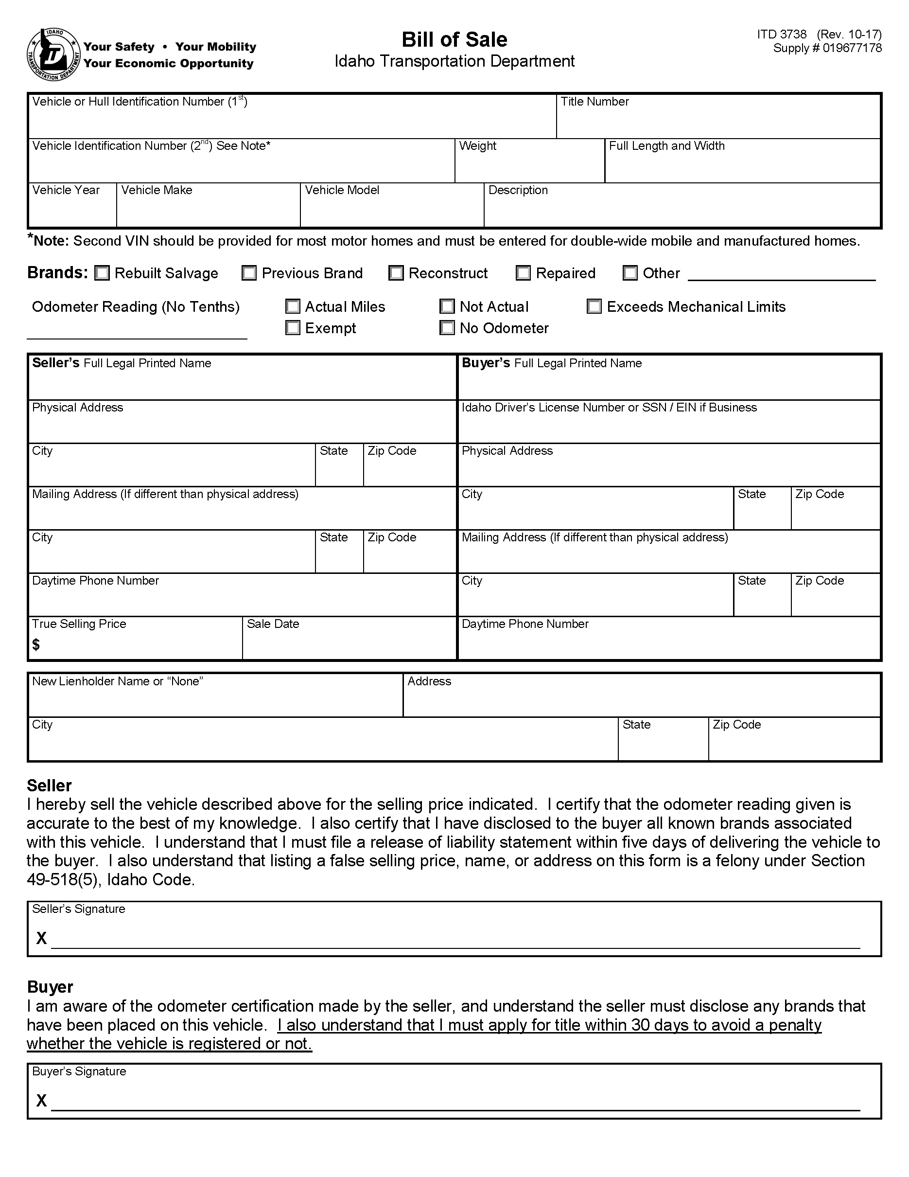 printable idaho bill of sale