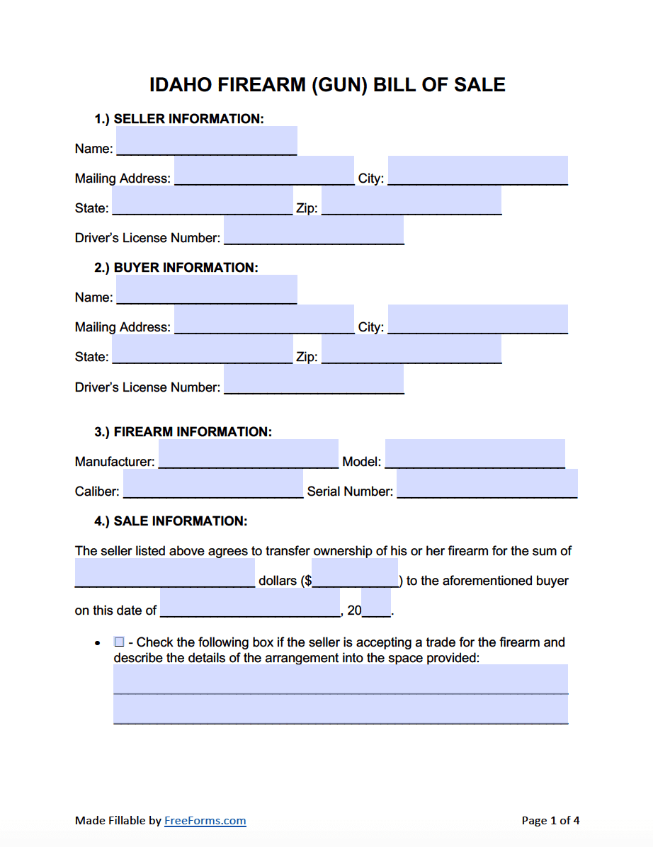 Free Idaho Firearm (Gun) Bill of Sale Form | PDF | WORD