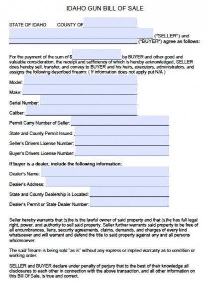 Free Idaho Firearm/Gun Bill of Sale Form | PDF | Word (.doc)