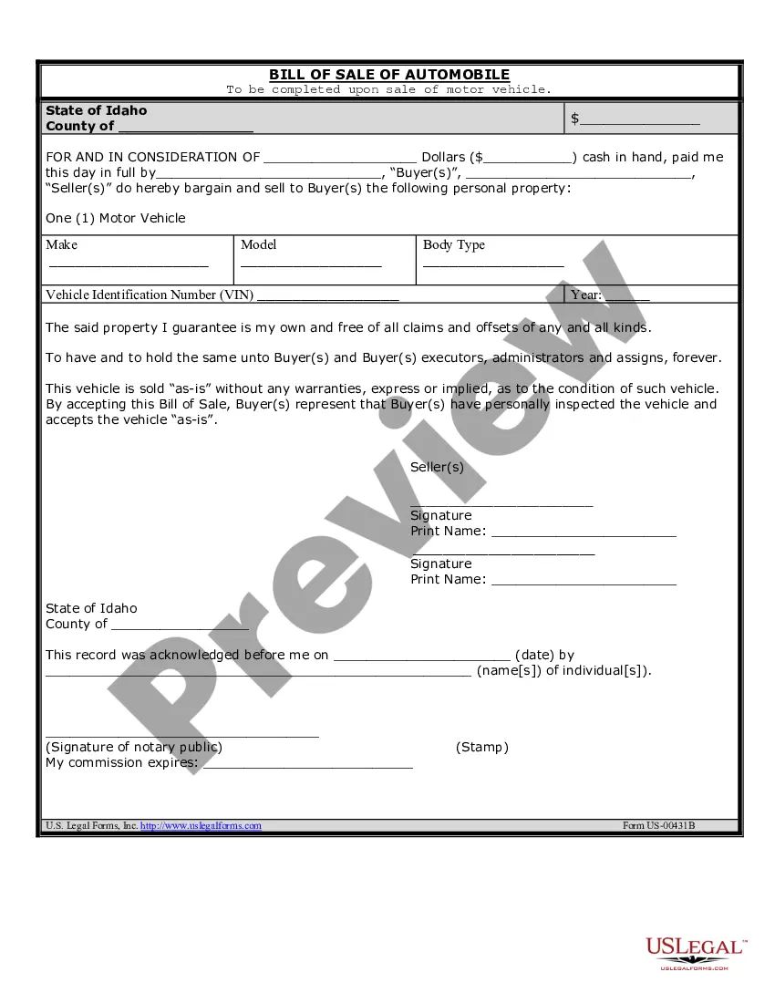 Idaho Bill of Sale of Automobile and Odometer Statement for As ...