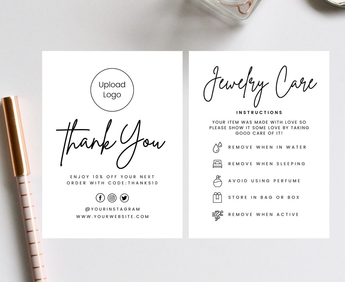 Custom Jewelry Care Black Card Printable Jewelry Care Instructions ...