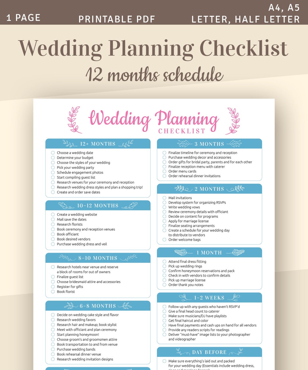 Wedding Planning Checklist, Printable Wedding Template, A4, A5 ...