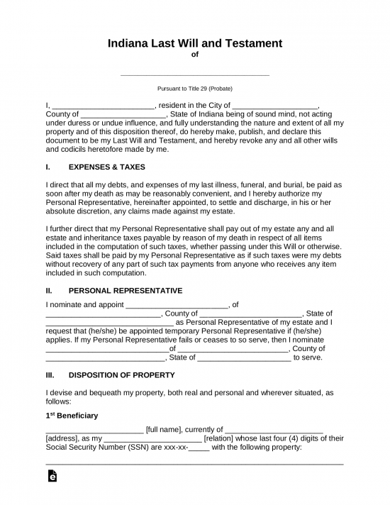 Free Indiana Last Will and Testament Template - PDF | Word - eForms