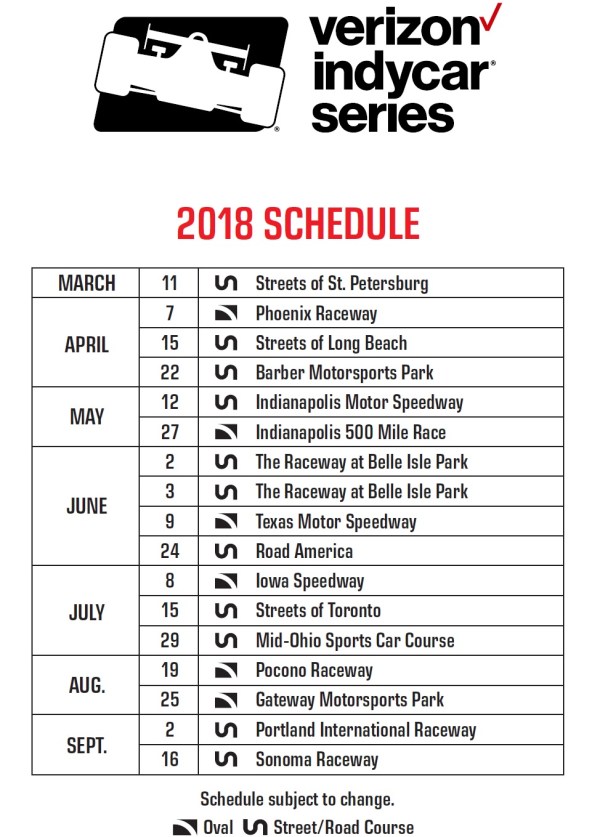 INDYCAR Releases 2018 Verizon IndyCar Series Schedule - OpenWheel.com