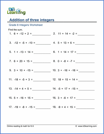 Grade 6 Integers Worksheets - free &  printable | Worsheets library