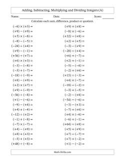 Integers Worksheets