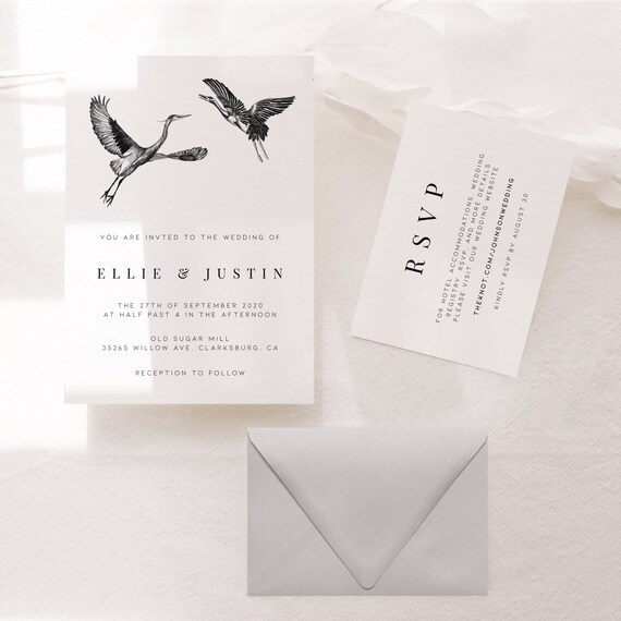 Crane Wedding Invitation Set Bird Wedding Invitation Nature ...