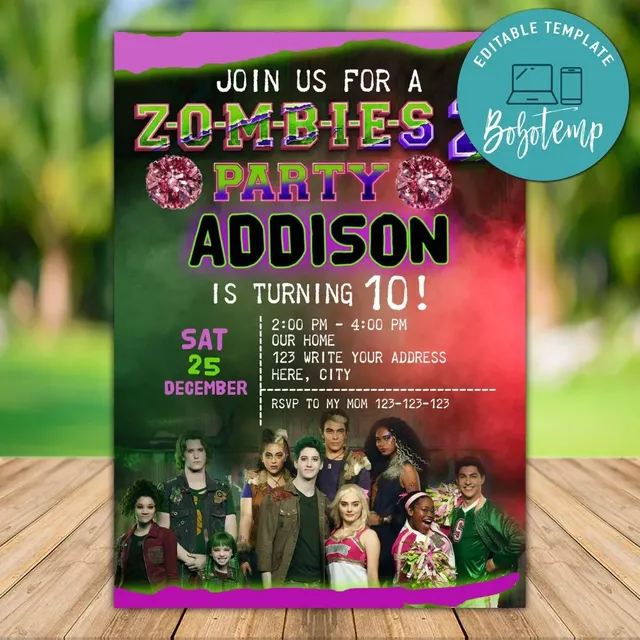 Editable Disney Zombies 2 Birthday Invitation Instant Download ...
