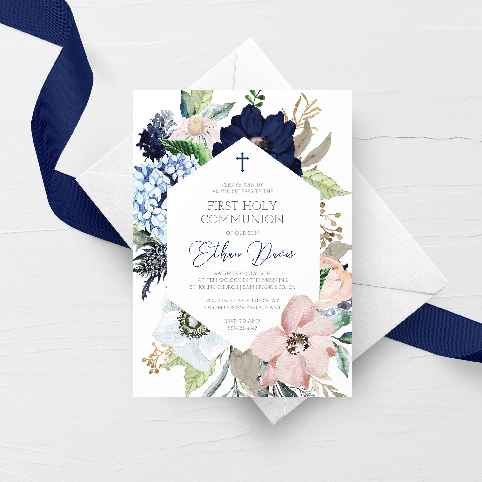 Navy and Blush Boy First Holy Communion Invitation Template ...