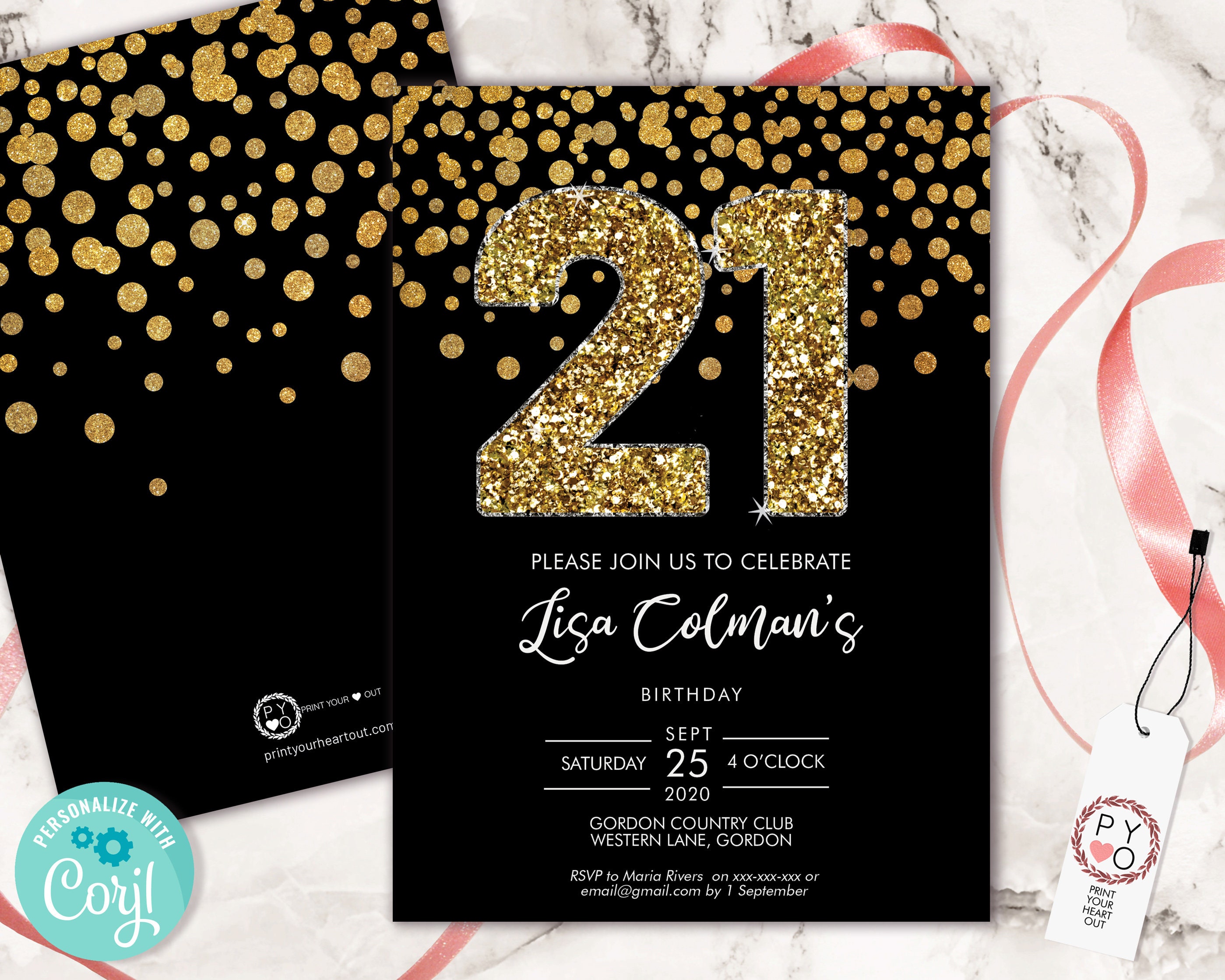 DIY 21st Birthday Confetti Invitation Printable Template, Black ...