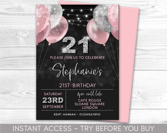 21st Birthday Invitation Editable 21st Invite Pink Silver ...