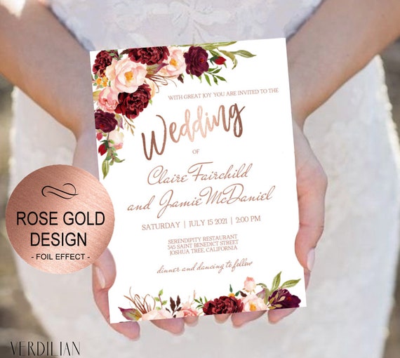 Marsala Rose Gold Wedding Invitation Template Set-Blush Flowers ...