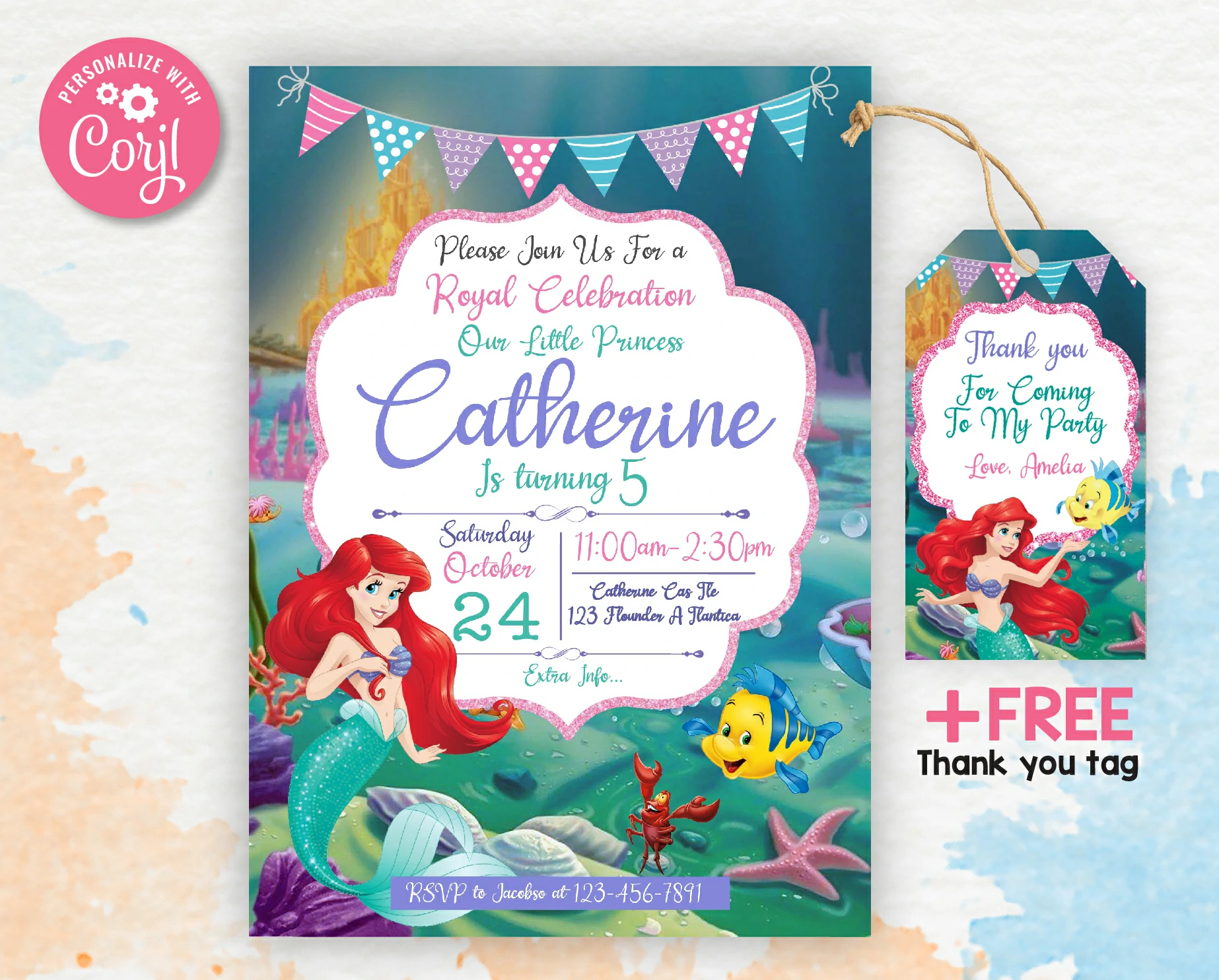 Little Mermaid Birthday Party Invitations | Free thank you tag | Editable |  Printable | Instant Download - amazinginvite