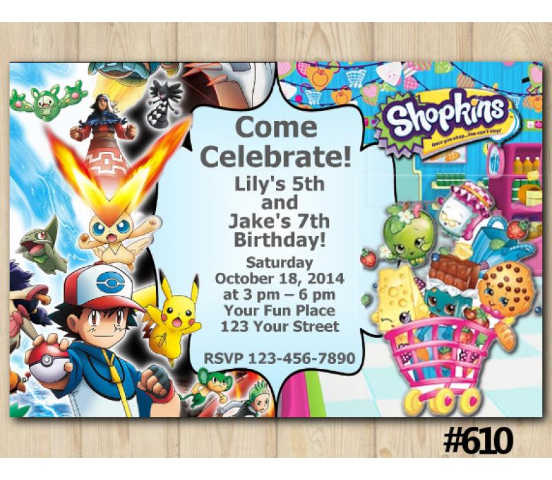 Twin Pokemon and Shopkins Invitation | Personalized Digital Card