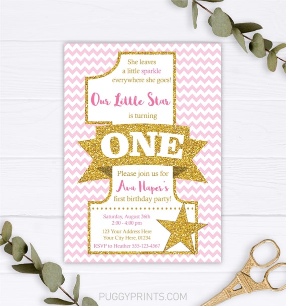 Twinkle Twinkle Little Star Birthday Invitation, Pink and Gold ...