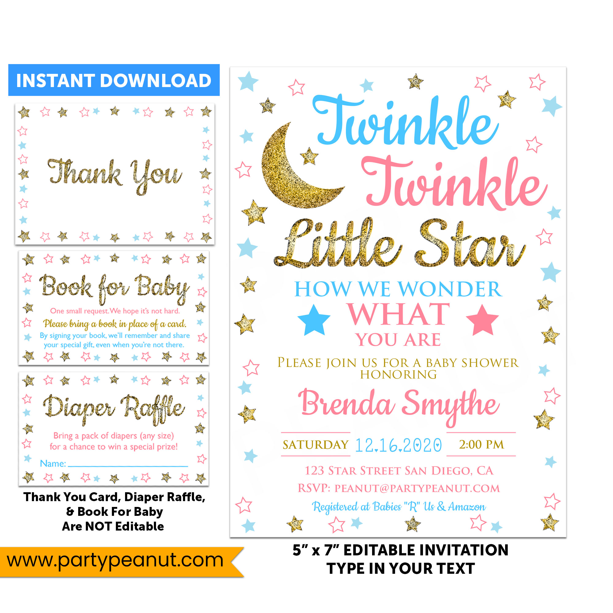 Twinkle Little Star Reveal Gender Invitation Set Party Printable ...