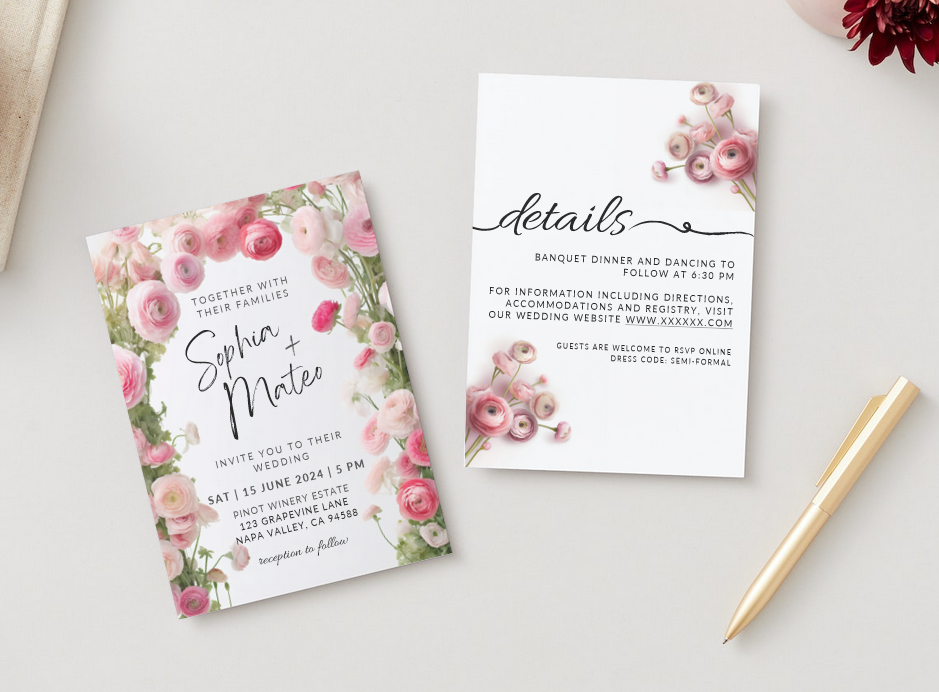Printable DIY Wedding Invitation Templates with Pink Ranunculus ...