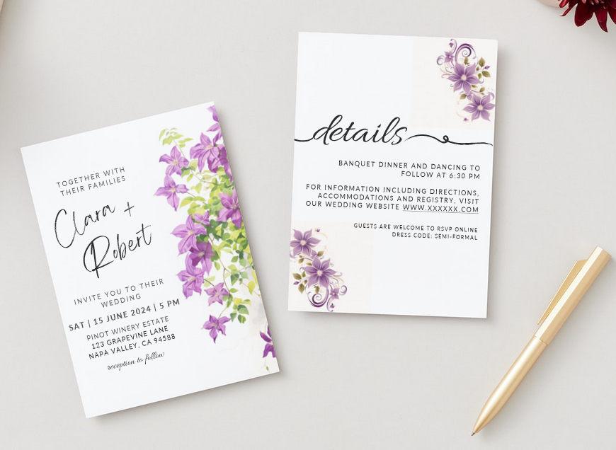 Set of Printable Wedding Invitation Templates, with Purple ...