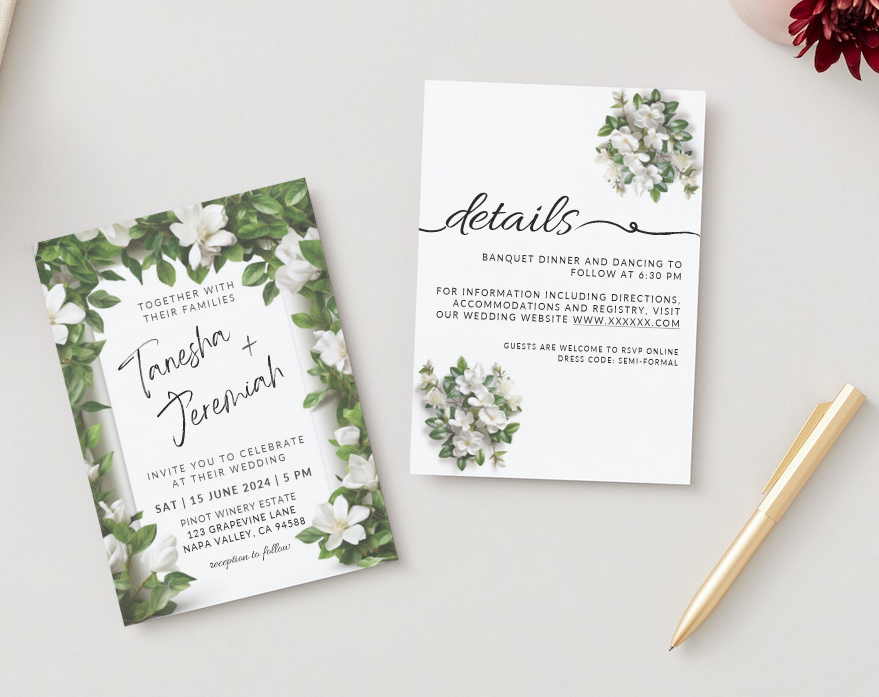 Printable DIY Wedding Invitation Templates with White Gardenia ...
