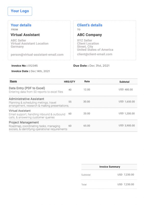 Virtual Assistant Invoice Template | ? Free Invoice Generator