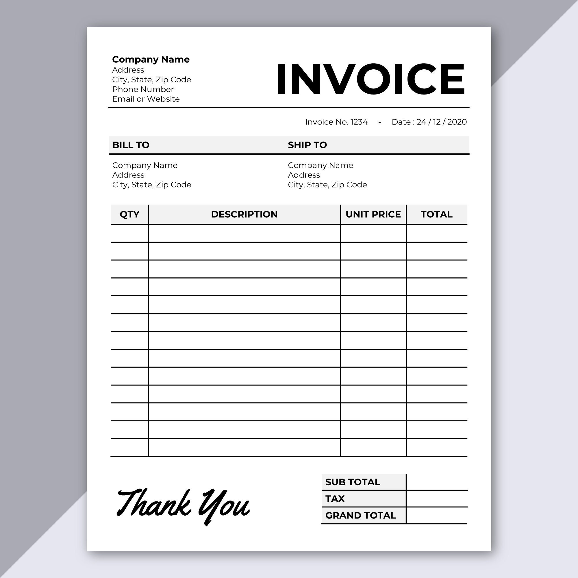 Invoice Template Printable Invoice Editable Invoice Receipt