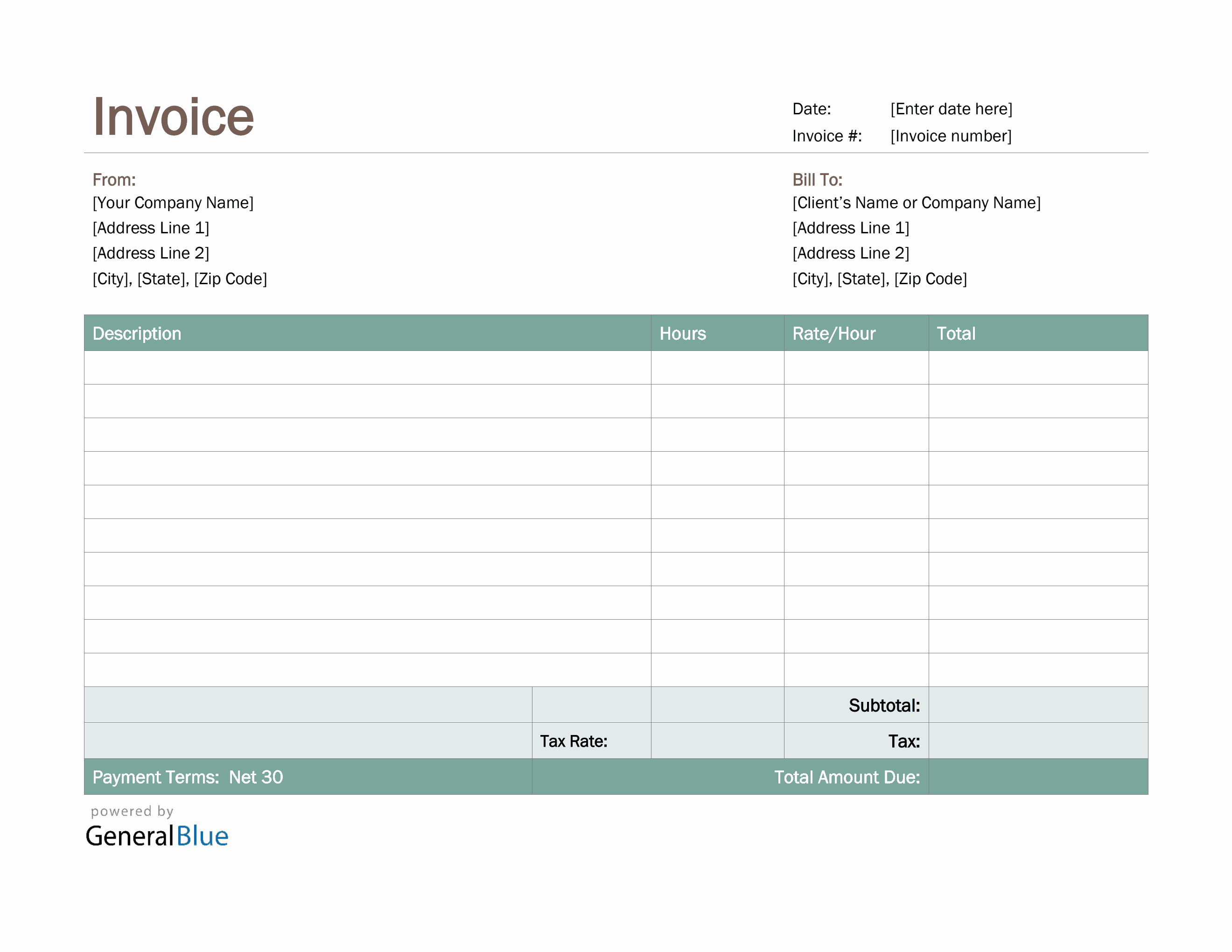 Word Invoice Template for U.S. Freelancers With Tax (Green)
