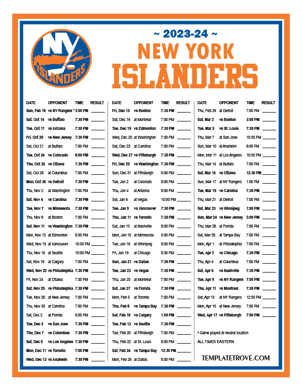 printable islanders schedule