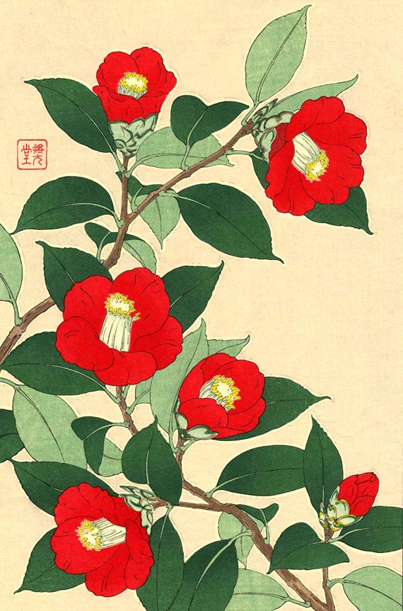 Japanese Flowers Art Prints, Posters, Japanese Red Camellias FINE ...