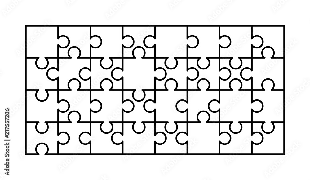 32 white puzzles pieces arranged in a rectangle shape. Jigsaw ...