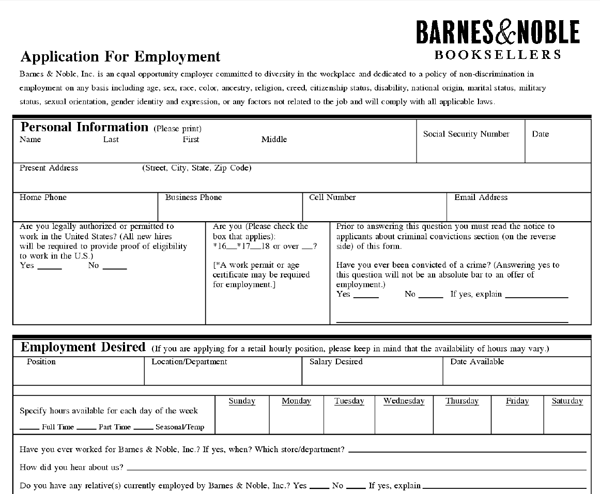 printable job application for barnes and noble