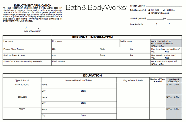 Bath and Body Works Application PDF Print Out