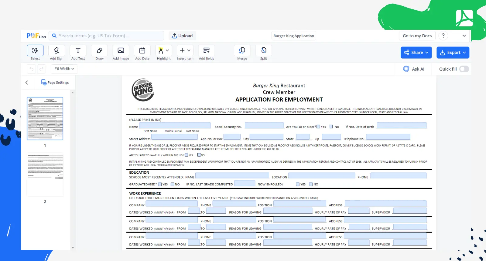 printable job application for burger king