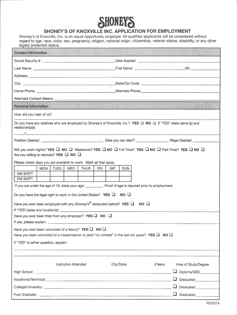 2014-2024 Form Shoneys Application for Employment Fill Online ...