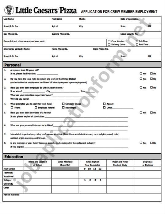 Little Caesars Application Form Printable PDF | Printable job ...
