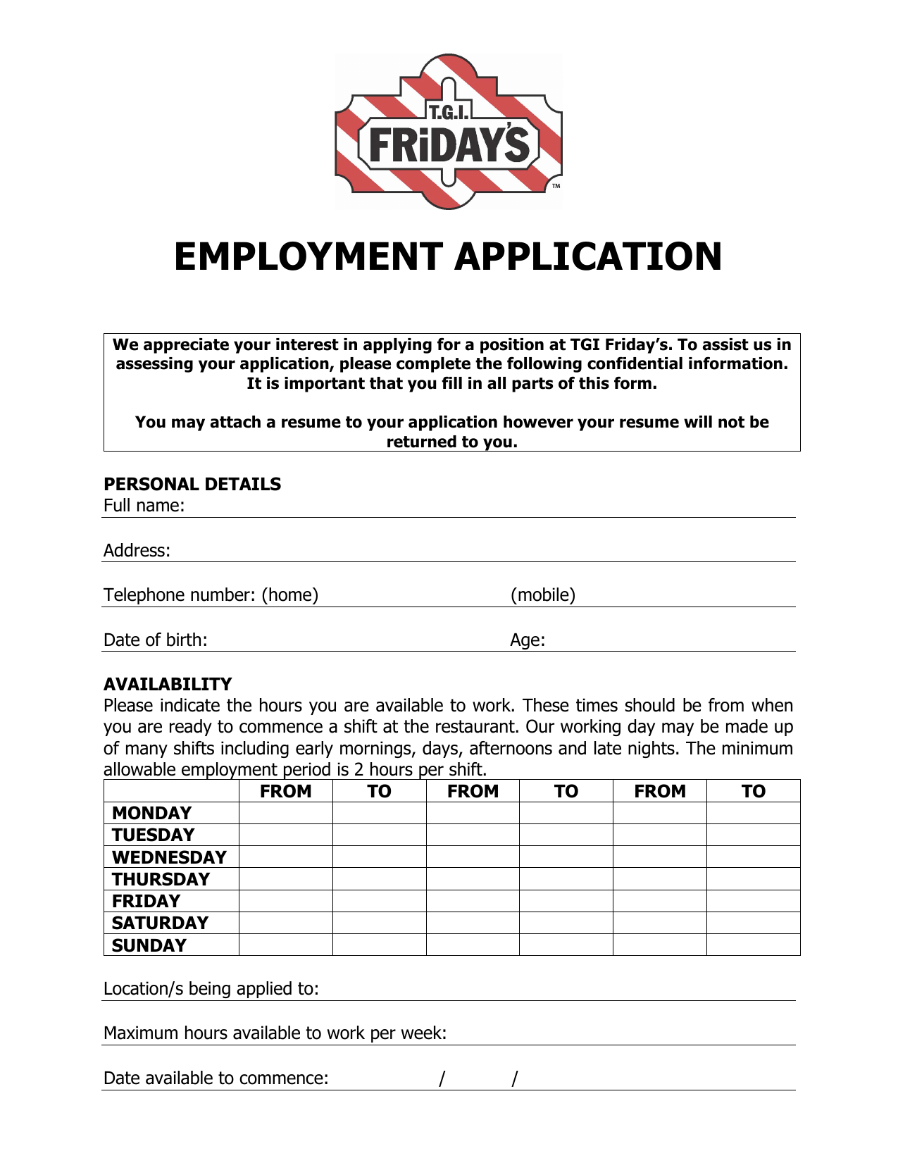 Download TGI Fridays Restaurant Job Application Form - Careers ...