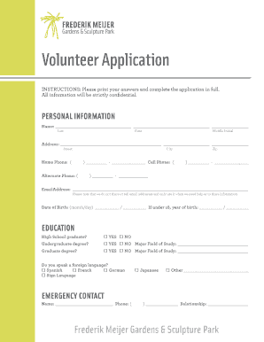 Volunteer Application Form PDF - Frederik Meijer Gardens - Fill ...