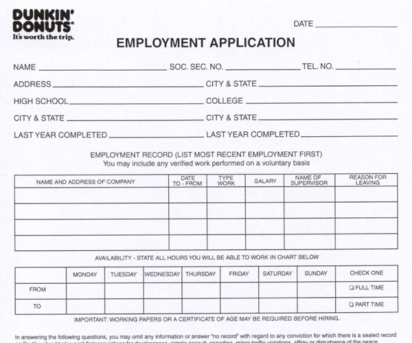printable job application form for dunkin donuts