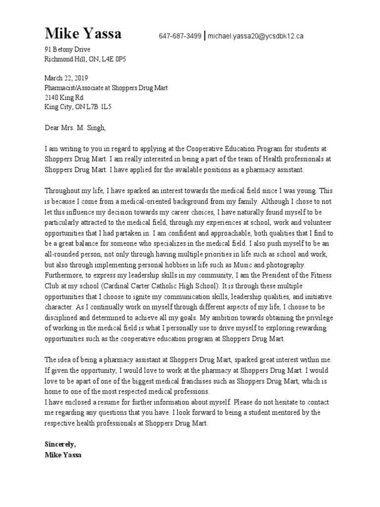 SDM Cover Letter-Mike Yassa | Download Free PDF | Pharmacy ...