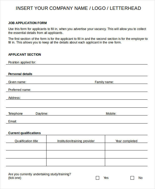 Blank Job Application - 11+ Word, PDF Documents Download
