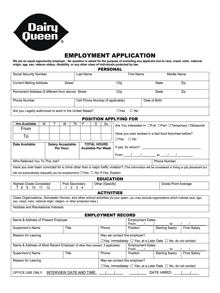 printable job applications for dairy queen