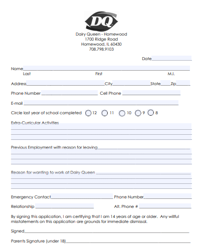 printable job applications for dairy queen