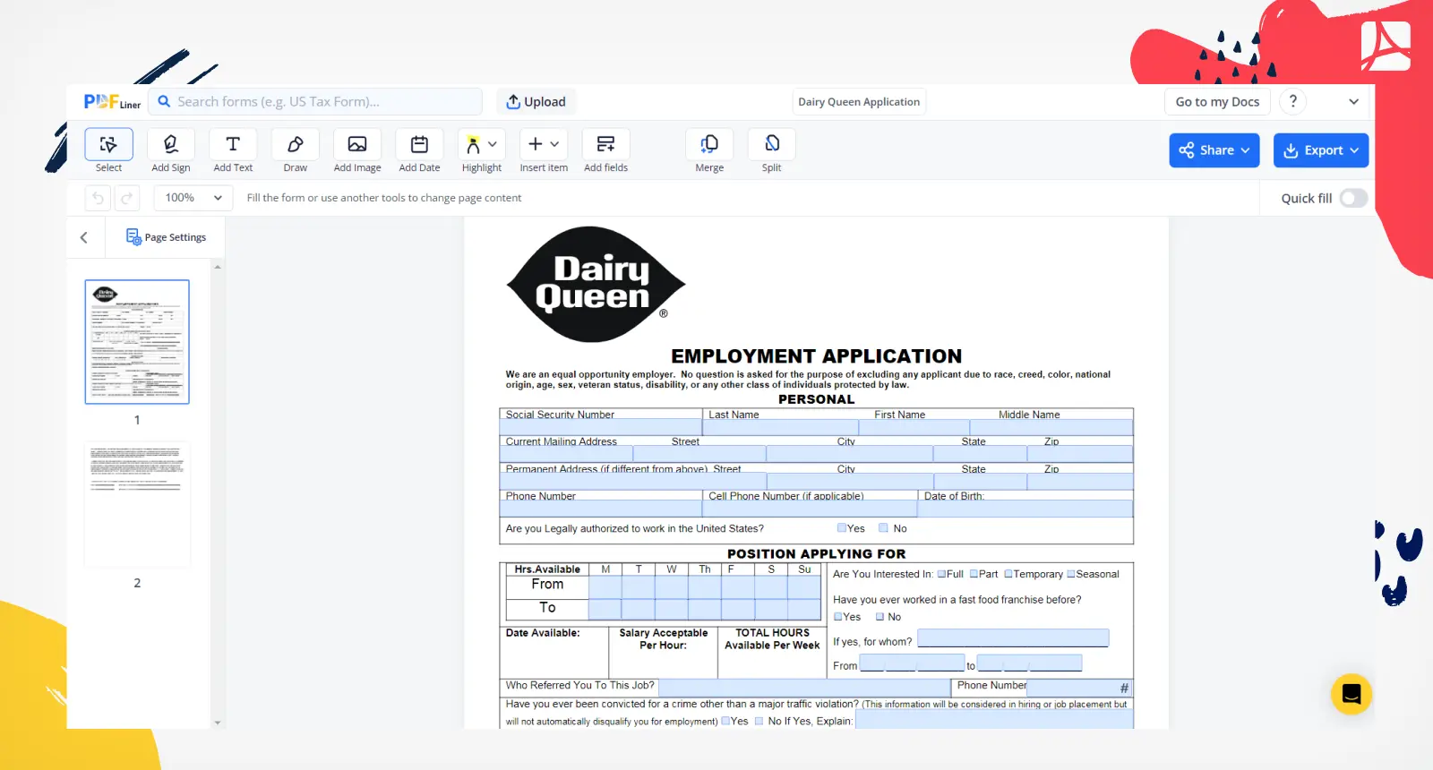 Dairy Queen Job Application blank, sign forms online — PDFliner