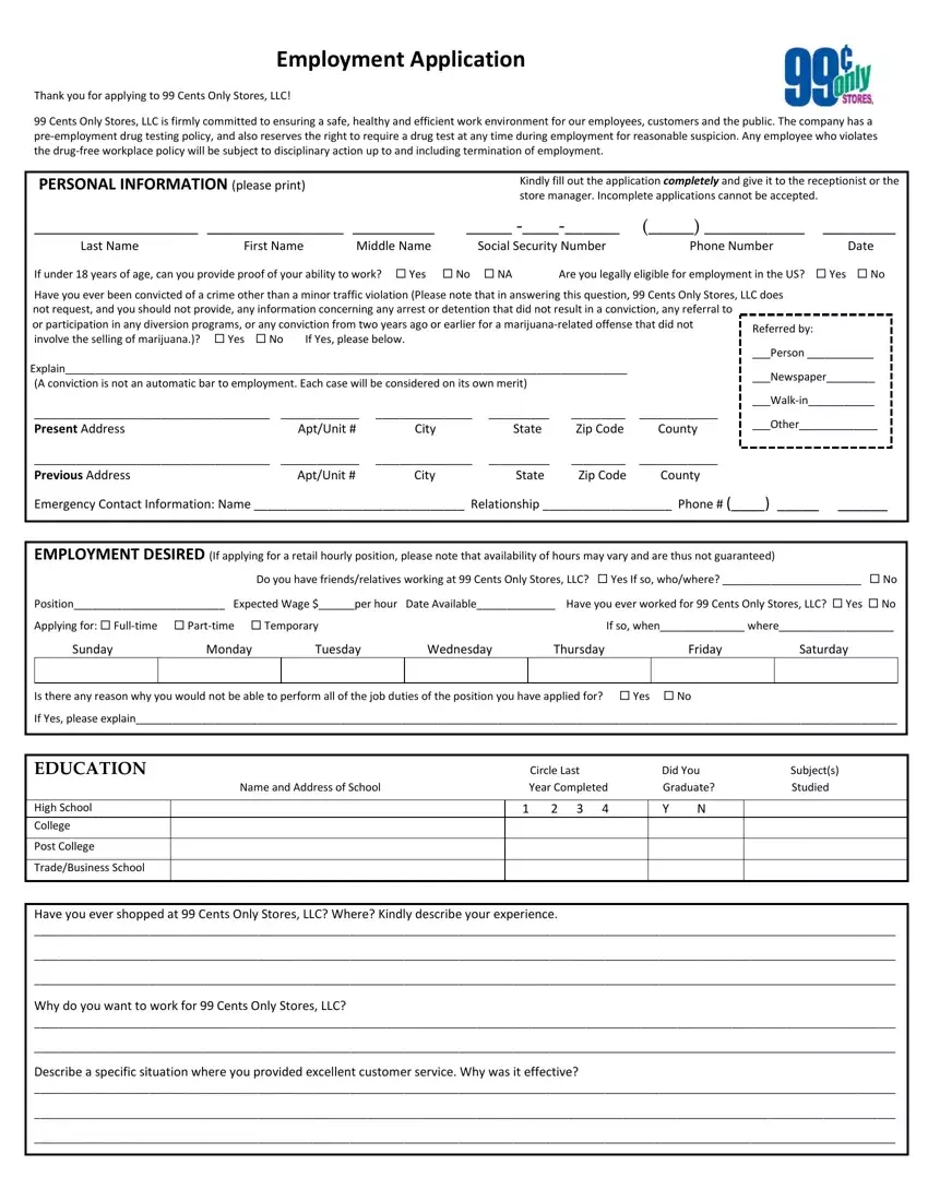 99 Cent Job Application ≡ Fill Out Printable PDF Forms Online